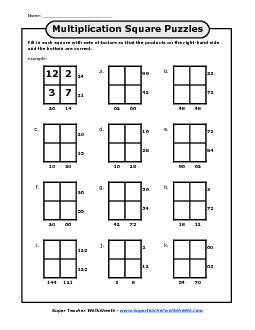 Multiplication Squares Puzzle (Facts 0-12) Worksheet