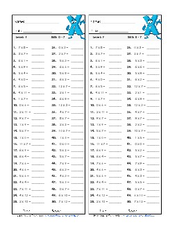 Multiplication Timed Quiz 0 - 7 Worksheet