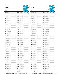 Multiplication Timed Quiz 0 - 4 Worksheet