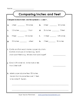 Comparing Feet & Inches Measurement Worksheet