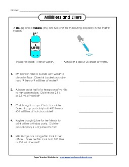 Estimating- Liters and Milliliters Free Measurement Worksheet