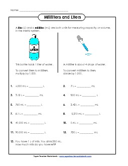 Converting Milliliters and Liters- Advanced Measurement Worksheet