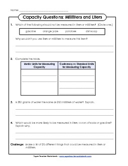 Capacity Questions: Liters and Milliliters Measurement Worksheet