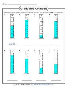 Graduated Cylinders (1s - Decimals) Measurement Worksheet