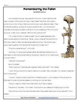 Remembering the Fallen (Fiction Story) 4th Grade Reading Comprehension Worksheet