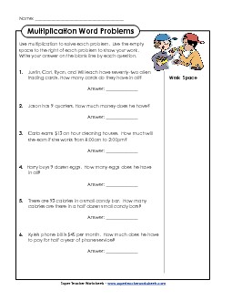 Multiplication Word Problems: 2-digit by 1-digit Worksheet