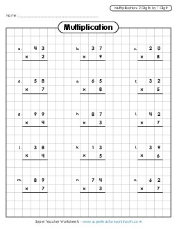 Multiplication: 2-digit by 1-digit Worksheet