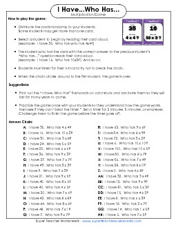 Game: Multiplication Game: I Have / Who Has Worksheet