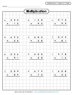 Multiplication: 3-digit by 2-digit Worksheet