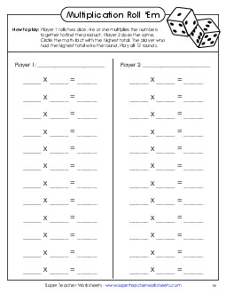 Multiplication Dice Game (2 Players) Worksheet