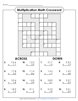 Multiplication Crossword (3-Digit by 2-Digit) Worksheet