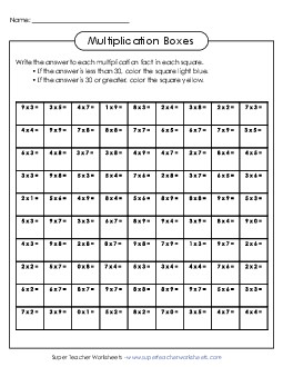 Multiplication Boxes (Basic Facts 0-9) Worksheet