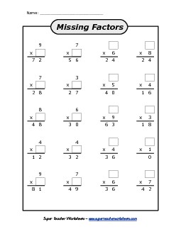 Missing Factors (0-9) Multiplication Worksheet