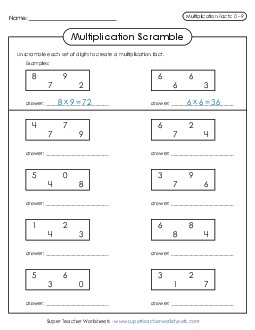 Scrambled Facts (0-9) Multiplication Worksheet