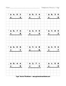 Money Multiplication: 1-digit Numbers Worksheet