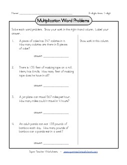 Multiplication Word Problems: 3 digits by 1 digit Worksheet