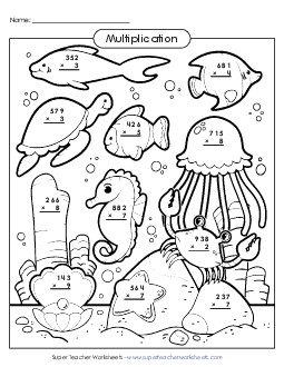 Sea Animal Multiplication: 3-digit by 1-digit Worksheet