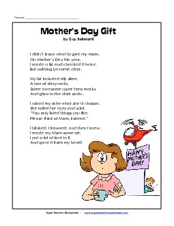 Mother's Day Gift (Poem) Poems Worksheet