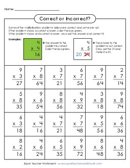 Correct or Incorrect? (0-9) Multiplication Worksheet