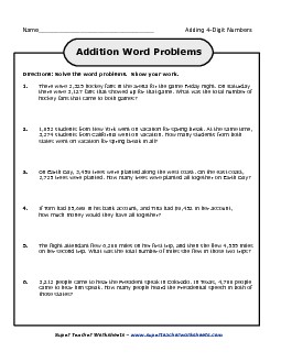 Addition Word Problems:  4-Digit Addends Worksheet