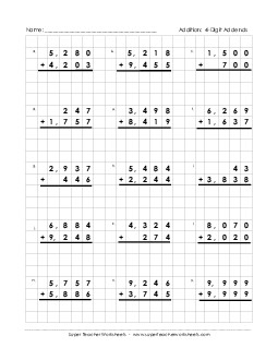 Graph Paper Math:  4-Digit Addends Addition Worksheet