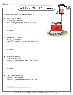 Word Problems: 2-Digit Addition (No Regrouping) Worksheet