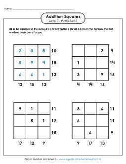 Addition Squares: Level 3, Set 3 Worksheet