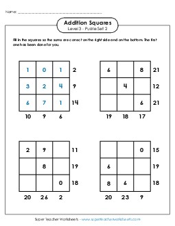 Addition Squares: Level 3, Set 2 Worksheet