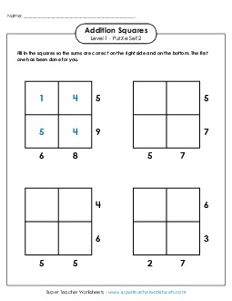 Addition Squares: Level 1, Set 2 Worksheet