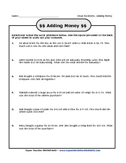 Addition Word Problems (Adding Money) Worksheet