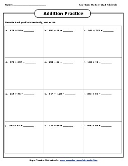 Addition:  3-Digits + 2-Digits Worksheet