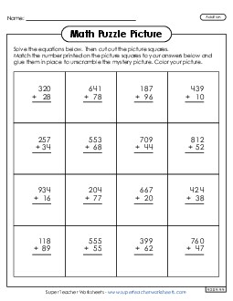 3-Digit + 2 Digits - Snowman Picture Puzzle Winter Worksheet