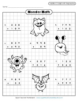 Monster Math Addition:  3-Digits Free Worksheet