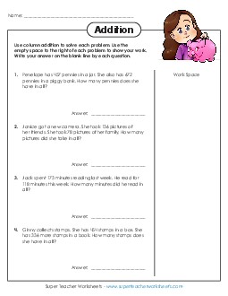 Word Problems: 3-Digit Addition Worksheet