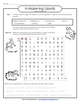 Word Maze: Lizards (Reptiles) A Maze Ing Worksheet