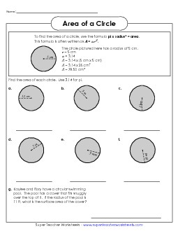 Area of a Circle  1 (Intermediate) Free Geometry Worksheet