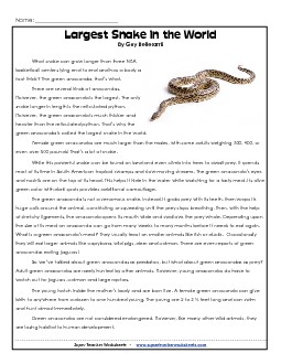 Green Anaconda 5th Grade Reading Comprehension Worksheet