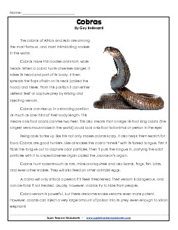 Cobras 5th Grade Reading Comprehension Worksheet