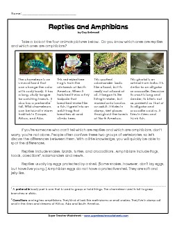 Amphibians and Reptiles 4th Grade Reading Comprehension Worksheet