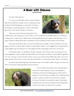 Spectacled Bear 4th Grade Reading Comprehension Worksheet