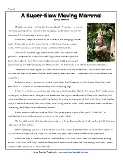 Sloths 4th Grade Reading Comprehension Worksheet