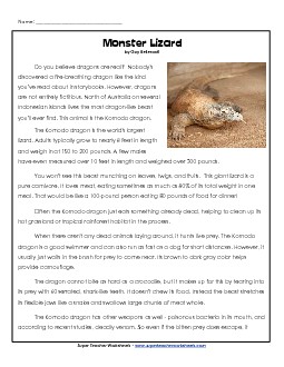 Komodo Dragons 4th Grade Reading Comprehension Worksheet