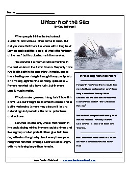 Narwhals 6th Grade Reading Comprehension Worksheet