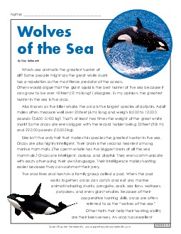 Orcas (Killer Whales) 5th Grade Reading Comprehension Worksheet