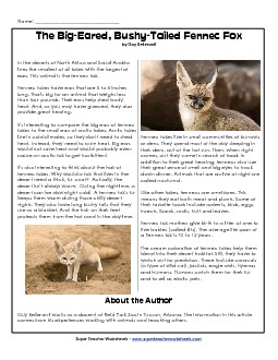 Fennec Fox Free 4th Grade Reading Comprehension Worksheet