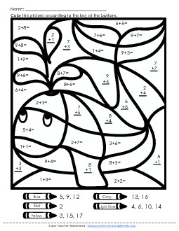 Addition Mystery Picture: Whale Worksheet