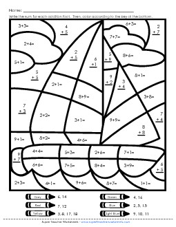 Addition Mystery Picture: Sailboat Worksheet