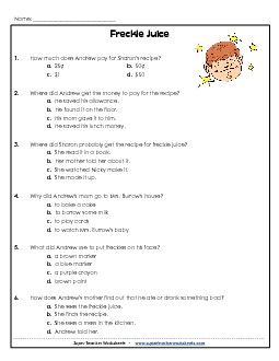 Freckle Juice Questions (Whole Book) Books Worksheet