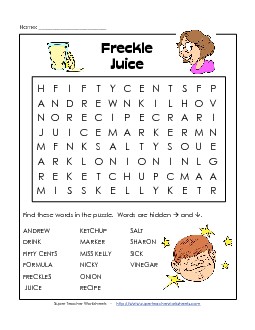 Freckle Juice Word Search Free Books Worksheet