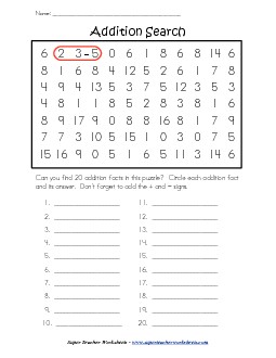 Addition Number Search Puzzle Worksheet